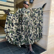 Camouflage Print Press Pleated Long Dress YF-20056