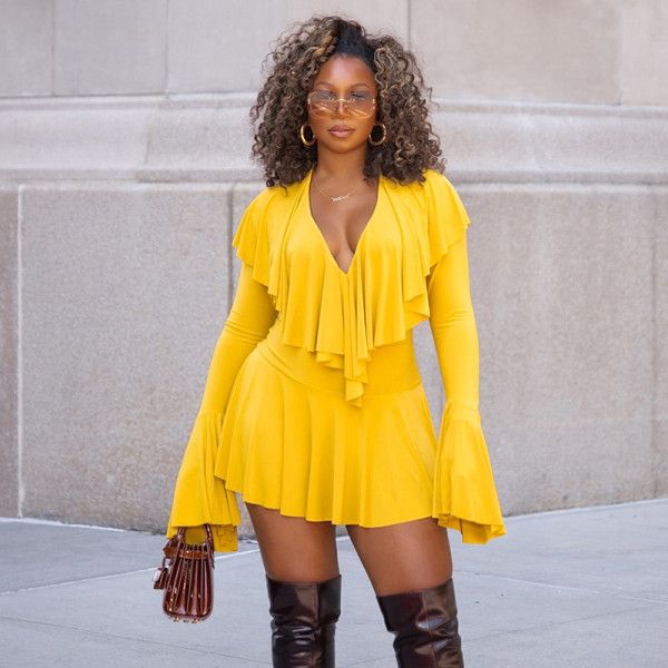 Solid Color Deep V Neck Ruffles Mini Dress GSZM-C25DS279