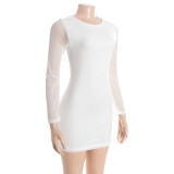Long Sleeve Bow-Tie Patchwork Mesh Mini Dress GAXB-D318DS