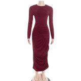 Long Sleeve O Neck Pleated Maxi Dress GAXB-D313DS