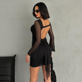 Long Sleeve Bow-Tie Patchwork Mesh Mini Dress GAXB-D318DS