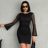 Long Sleeve Bow-Tie Patchwork Mesh Mini Dress GAXB-D318DS
