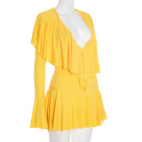Solid Color Deep V Neck Ruffles Mini Dress GSZM-C25DS279