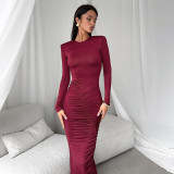 Long Sleeve O Neck Pleated Maxi Dress GAXB-D313DS