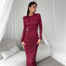 Long Sleeve O Neck Pleated Maxi Dress GAXB-D313DS