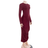 Long Sleeve O Neck Pleated Maxi Dress GAXB-D313DS
