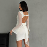 Long Sleeve Bow-Tie Patchwork Mesh Mini Dress GAXB-D318DS