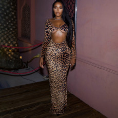 Leopard Print Long Sleeve Hollow Maxi Dress GSZM-C25DS286
