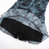 Print Mesh Tie Up Dress Short 2 Piece Set GSZM-D25DS421