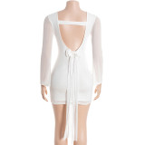 Long Sleeve Bow-Tie Patchwork Mesh Mini Dress GAXB-D318DS