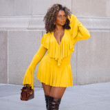 Solid Color Deep V Neck Ruffles Mini Dress GSZM-C25DS279