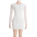 Long Sleeve Bow-Tie Patchwork Mesh Mini Dress GAXB-D318DS