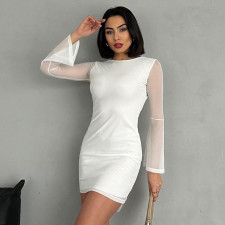 Long Sleeve Bow-Tie Patchwork Mesh Mini Dress GAXB-D318DS