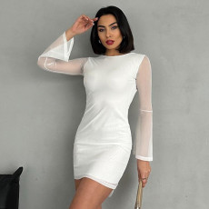 Long Sleeve Bow-Tie Patchwork Mesh Mini Dress GAXB-D318DS