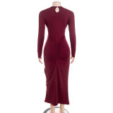 Long Sleeve O Neck Pleated Maxi Dress GAXB-D313DS