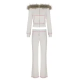 Letter Print Fur Patchwork Hooded Pants Suit GLRF-NK44428/44427