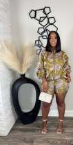Sport Print Long Sleeve Two Piece Shorts Set GDIM-2536