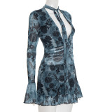 Print Mesh Tie Up Dress Short 2 Piece Set GSZM-D25DS421