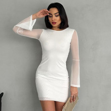 Long Sleeve Bow-Tie Patchwork Mesh Mini Dress GAXB-D318DS