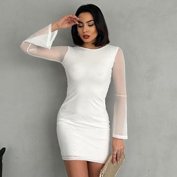 Long Sleeve Bow-Tie Patchwork Mesh Mini Dress GAXB-D318DS