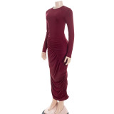 Long Sleeve O Neck Pleated Maxi Dress GAXB-D313DS