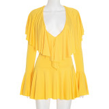 Solid Color Deep V Neck Ruffles Mini Dress GSZM-C25DS279