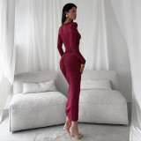 Long Sleeve O Neck Pleated Maxi Dress GAXB-D313DS