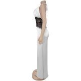 Lace V Neck Backless Maxi Dress BY-7546