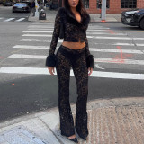 Lace Fur Neck See Through Two Piece Pants Set GSLF-K25S82350