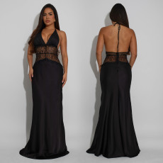 Lace V Neck Backless Maxi Dress BY-7546