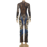 Print Patchwork Long Sleeve Split Maxi Dress DLSF-K25D81202