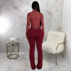See Through Long Sleeve Belt Tight Jumpsuit YF-10910