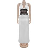 Lace V Neck Backless Maxi Dress BY-7546