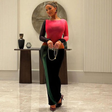 Color Block Long Sleeve Maxi Dress GSLF-K25D82271