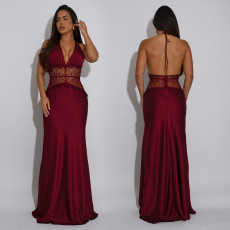 Lace V Neck Backless Maxi Dress BY-7546
