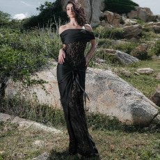 Off Shoulder Lace Patchwork Maxi Dress DLSF-K25D78468