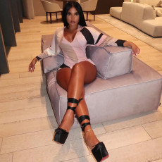 Deep V Neck Print Long Sleeve Romper GSLF-K24Q83314