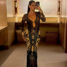 Print Patchwork Long Sleeve Split Maxi Dress DLSF-K25D81202