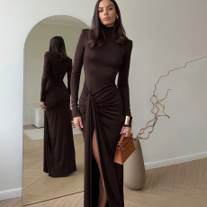 Long Sleeve Solid Color Split Maxi Dress GAXB-W414DS