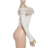 Off Shoulder Fur NeckT-Shirt Top XEF-K25L82448