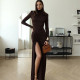Long Sleeve Solid Color Split Maxi Dress GAXB-W414DS