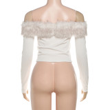 Off Shoulder Fur NeckT-Shirt Top XEF-K25L82448