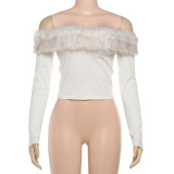Off Shoulder Fur NeckT-Shirt Top XEF-K25L82448