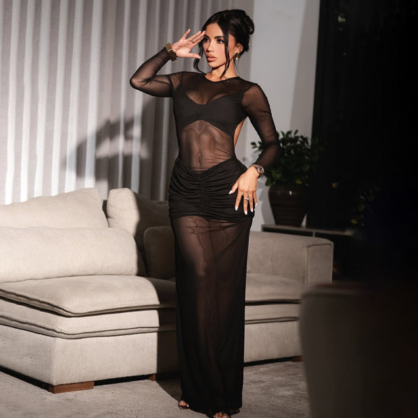 Solid Color Mesh Pleated Maxi Dress GSZM-C25DS287