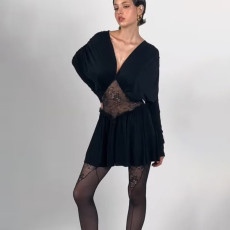 Lace Patchwork V Neck Mini Dress XEF-K25D83251