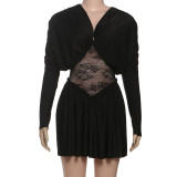 Lace Patchwork V Neck Mini Dress XEF-K25D83251