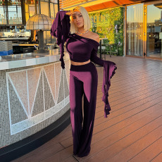 Solid Color Off Shoulder Ruffles Sleeve Pants Suit GSZM-C25ST320