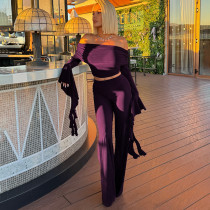 Solid Color Off Shoulder Ruffles Sleeve Pants Suit GSZM-C25ST320