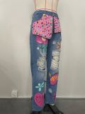 Plus Sizse Hot Drill Print Holes Loose Jeans OD-8685