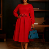 Plus Size Long-sleeve Floral  Solid Color Midi Dress GATE-602